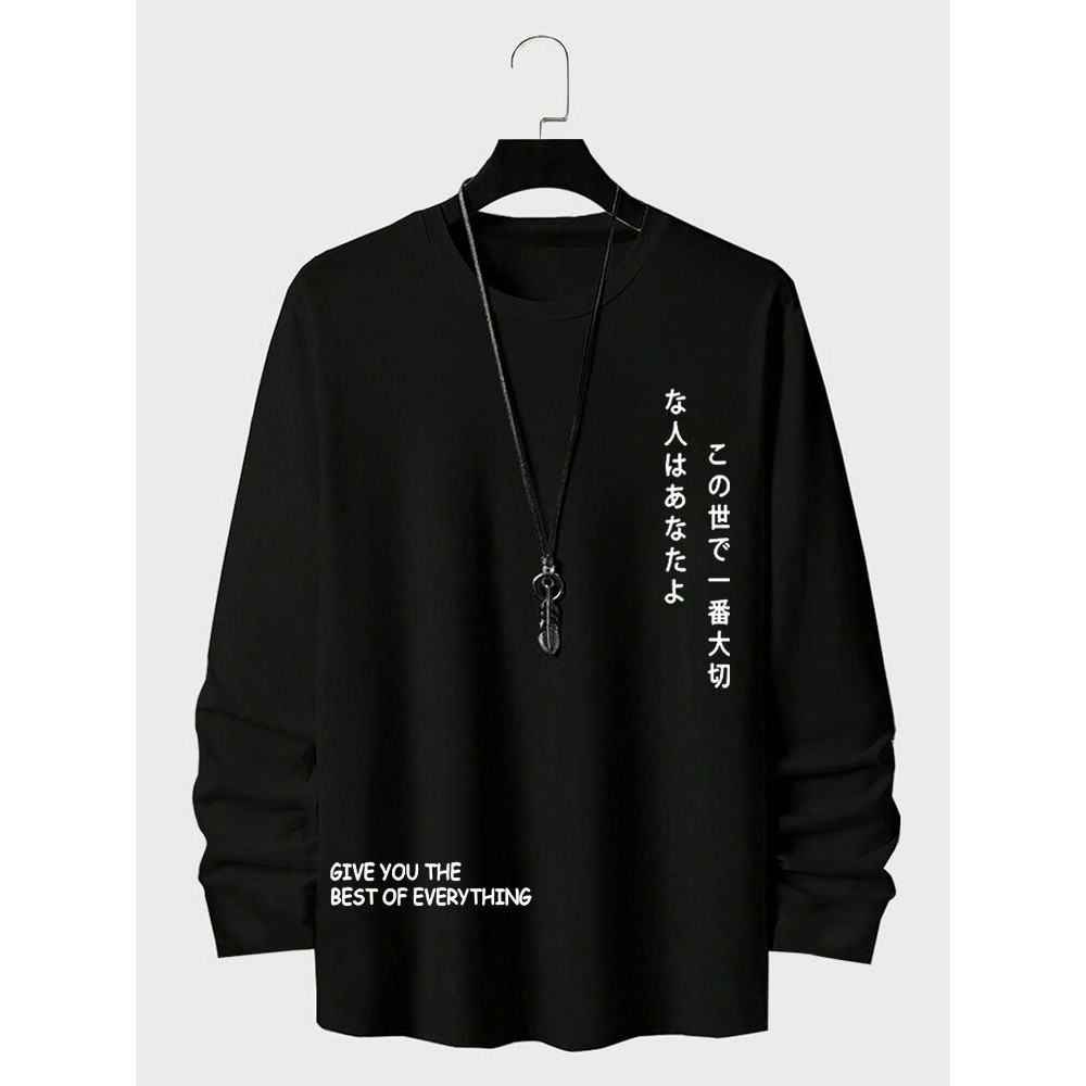 Mens Japanese Letter Print Crew Neck Casual Long Sleeve T-Shirts Winter Mens Japanese Letter Print Crew Neck Casual Long Sleeve T-Shirts Winter