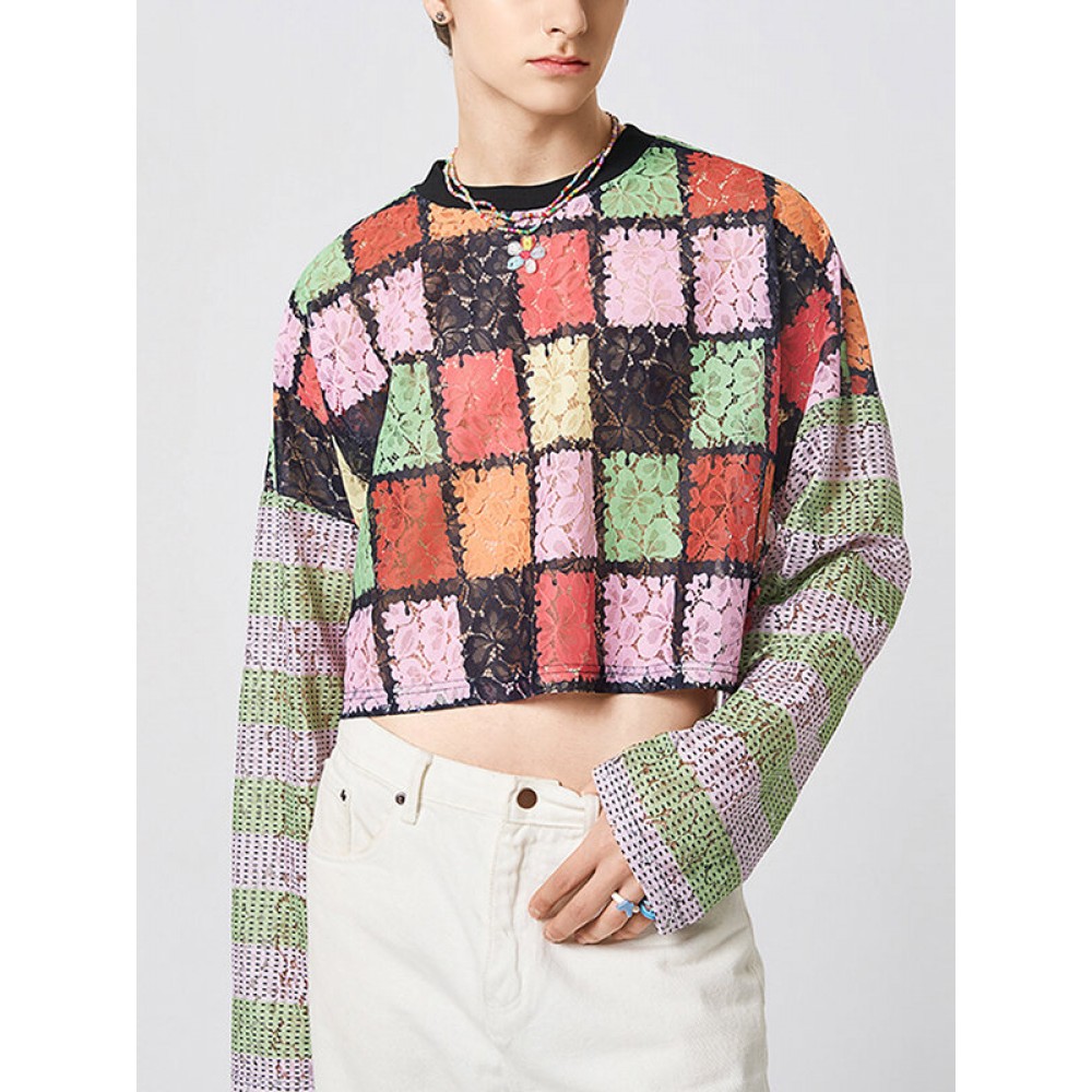 Mens Windowpane Pattern Lace Long Sleeve Cropped T-Shirt Mens Windowpane Pattern Lace Long Sleeve Cropped T-Shirt