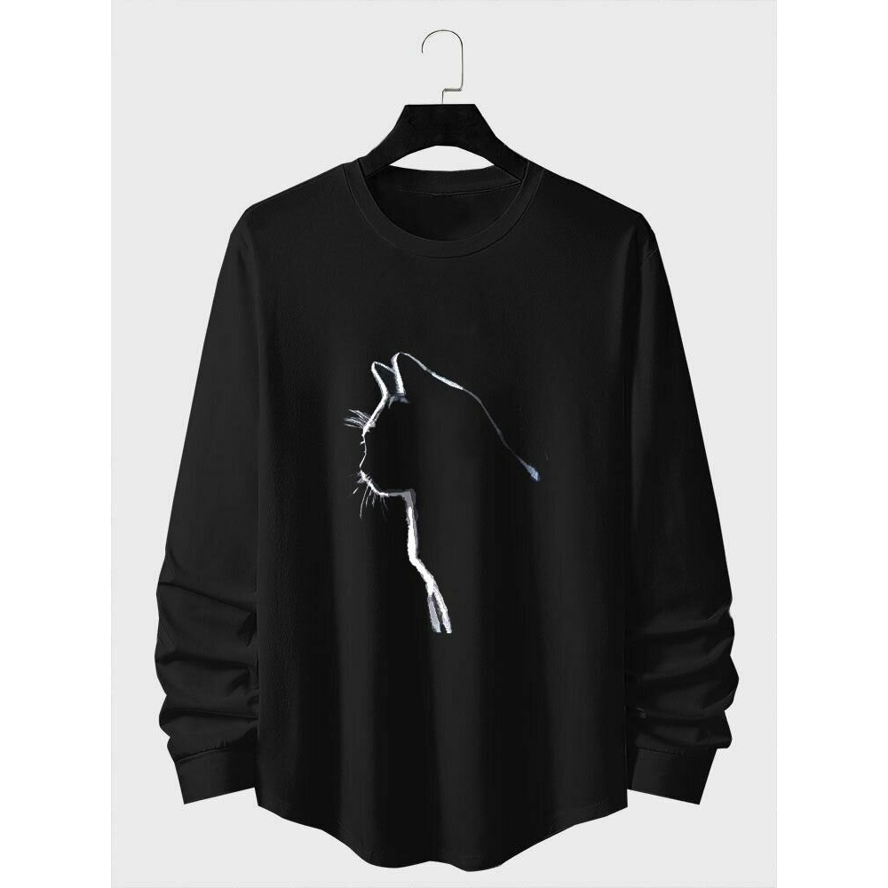 Mens Cat Graphic Crew Neck Curved Hem Long Sleeve T-Shirts Mens Cat Graphic Crew Neck Curved Hem Long Sleeve T-Shirts