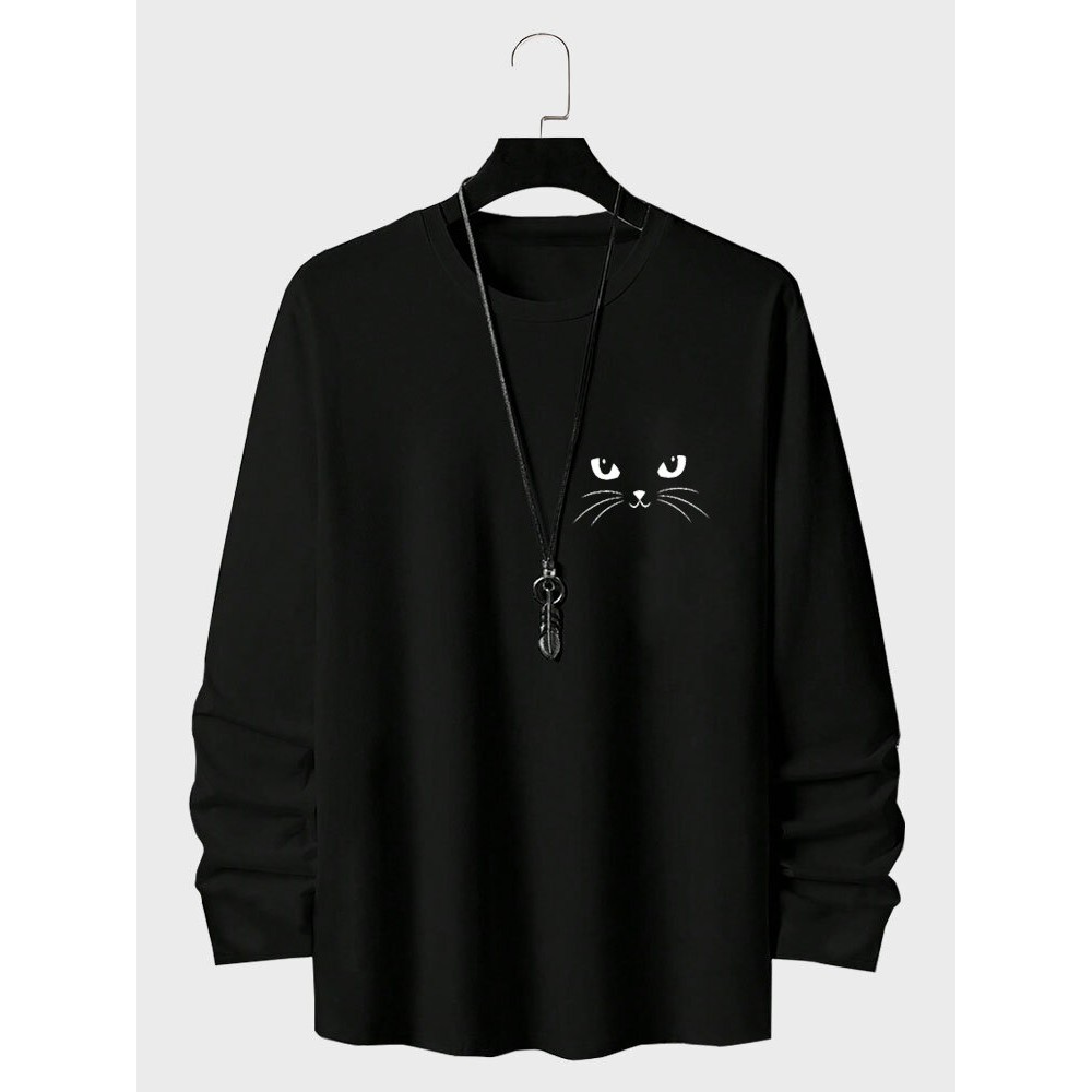 Mens Cat Face Print Crew Neck Cotton Casual Long Sleeve T-Shirts Mens Cat Face Print Crew Neck Cotton Casual Long Sleeve T-Shirts