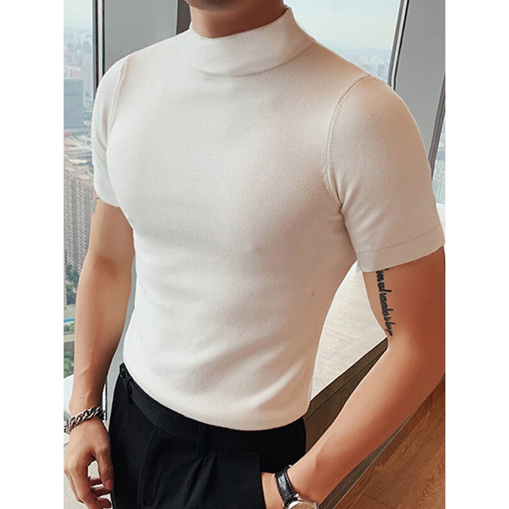 Mens Solid Half-Collar Casual Short Sleeve T-Shirt Mens Solid Half-Collar Casual Short Sleeve T-Shirt