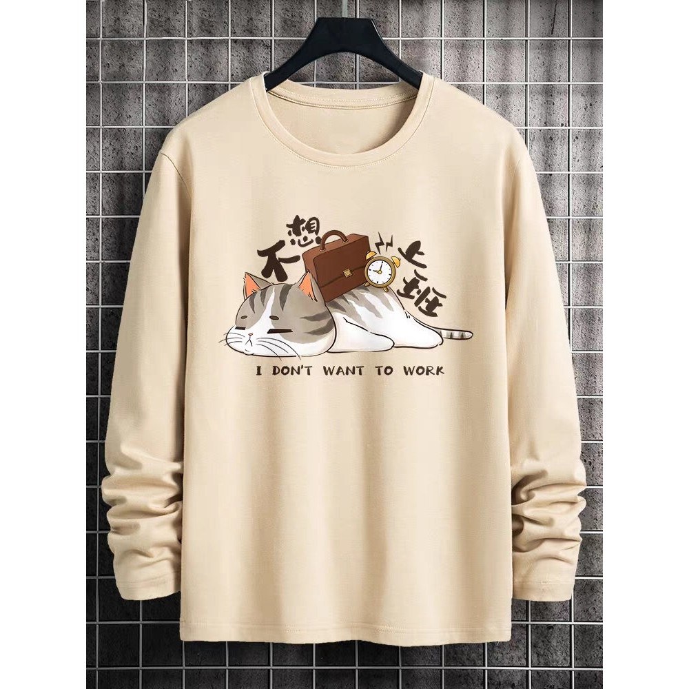 Mens Cartoon Cat Slogan Print Crew Neck Long Sleeve T-Shirts Winter Mens Cartoon Cat Slogan Print Crew Neck Long Sleeve T-Shirts Winter