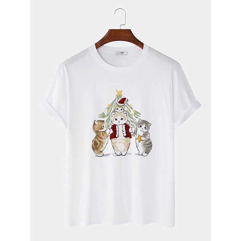 Mens Christmas Cartoon Cat Print Crew Neck Short Sleeve T-Shirts Winter Mens Christmas Cartoon Cat Print Crew Neck Short Sleeve T-Shirts Winter