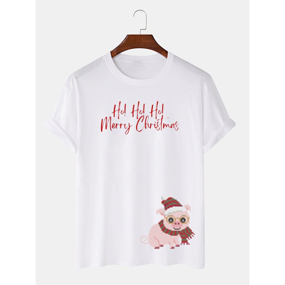 Mens Christmas Cartoon Pig Print Crew Neck Short Sleeve T-Shirts Winter Mens Christmas Cartoon Pig Print Crew Neck Short Sleeve T-Shirts Winter