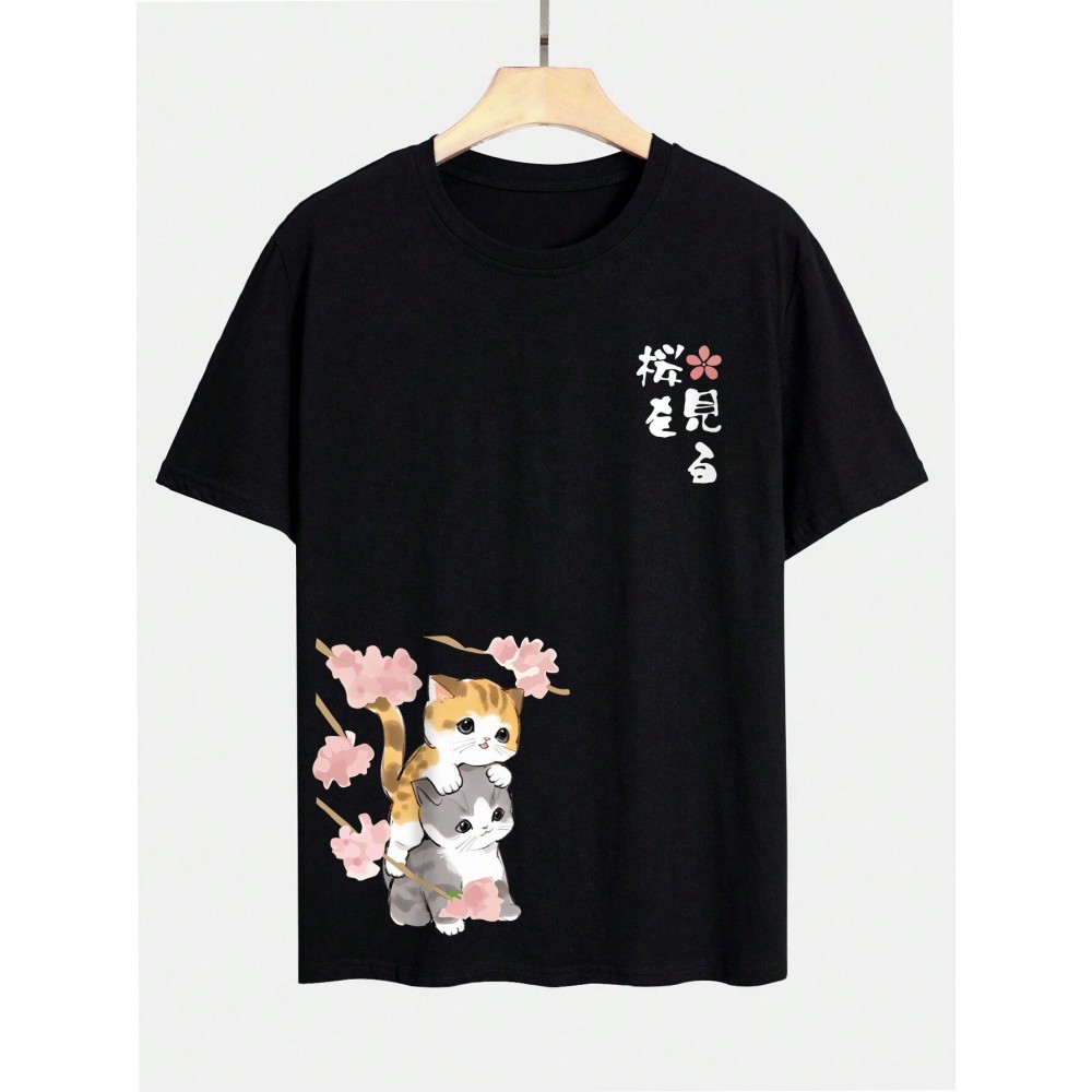 Mens Japanese Cherry Blossoms Cat Print Crew Neck Short Sleeve T-Shirts Winter Mens Japanese Cherry Blossoms Cat Print Crew Neck Short Sleeve T-Shirts Winter