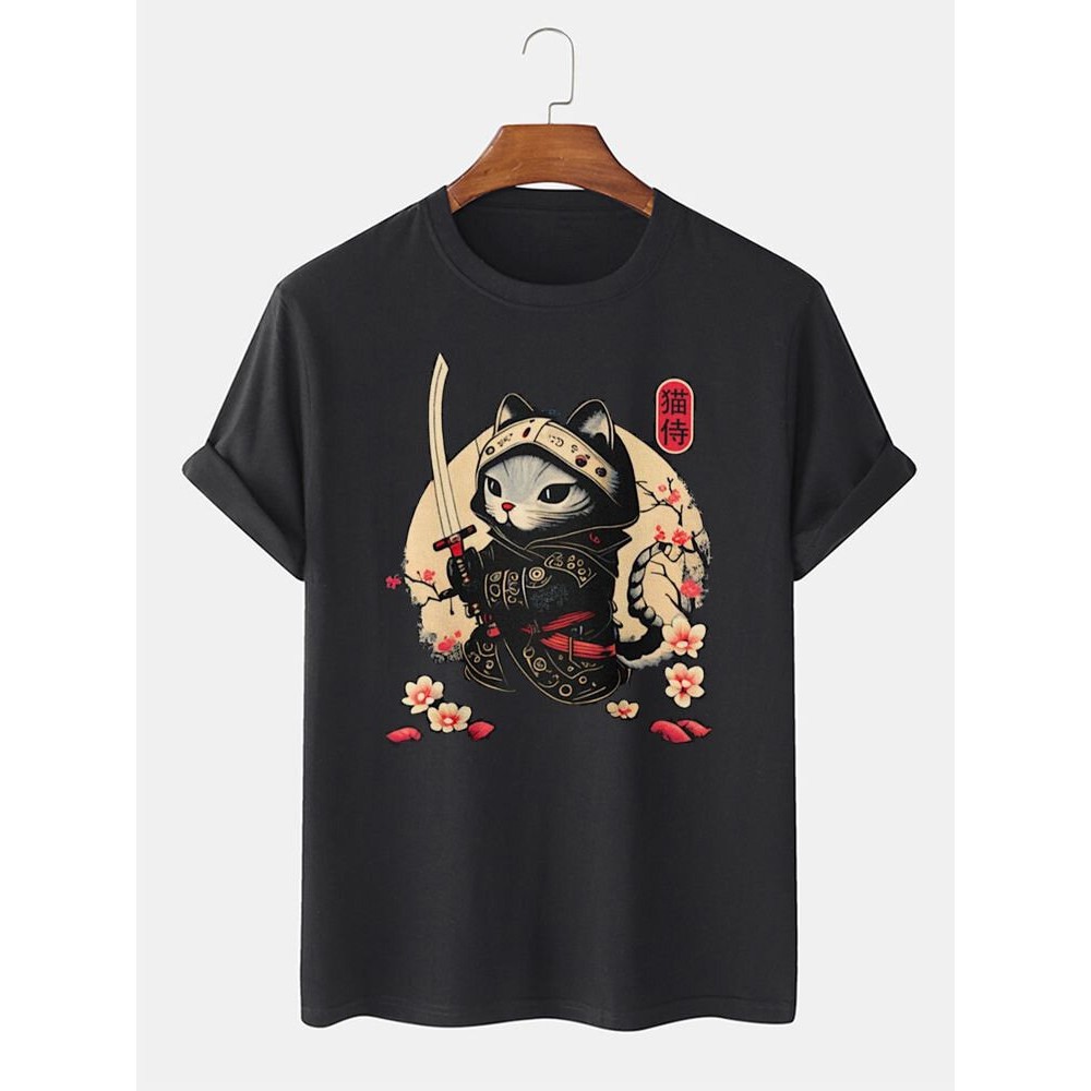 Mens Japanese Warrior Cat Floral Print Short Sleeve T-Shirts Winter Mens Japanese Warrior Cat Floral Print Short Sleeve T-Shirts Winter