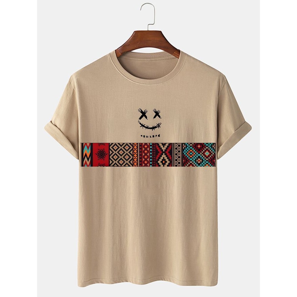 Mens Smile Face Argyle Print Crew Neck Short Sleeve T-Shirts Winter Mens Smile Face Argyle Print Crew Neck Short Sleeve T-Shirts Winter