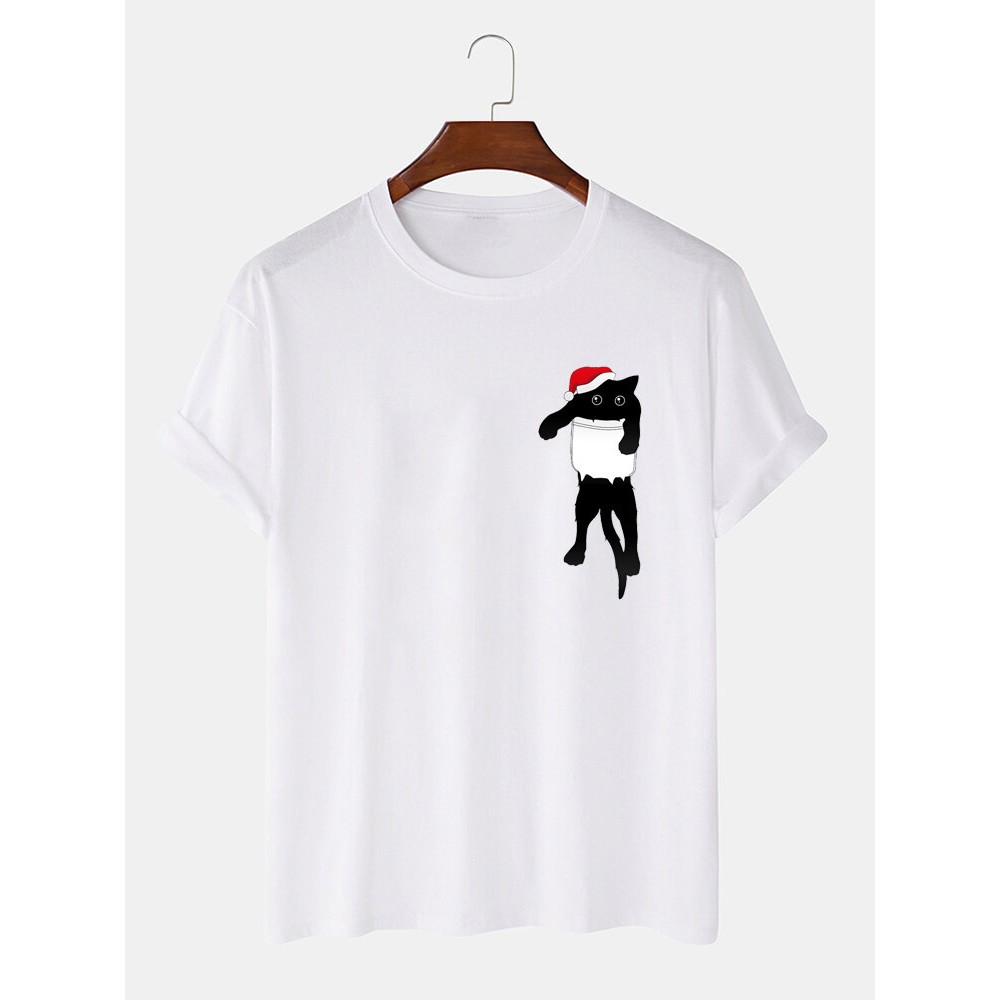 Mens Christmas Hat Cat Chest Print Casual Short Sleeve T-Shirts Mens Christmas Hat Cat Chest Print Casual Short Sleeve T-Shirts