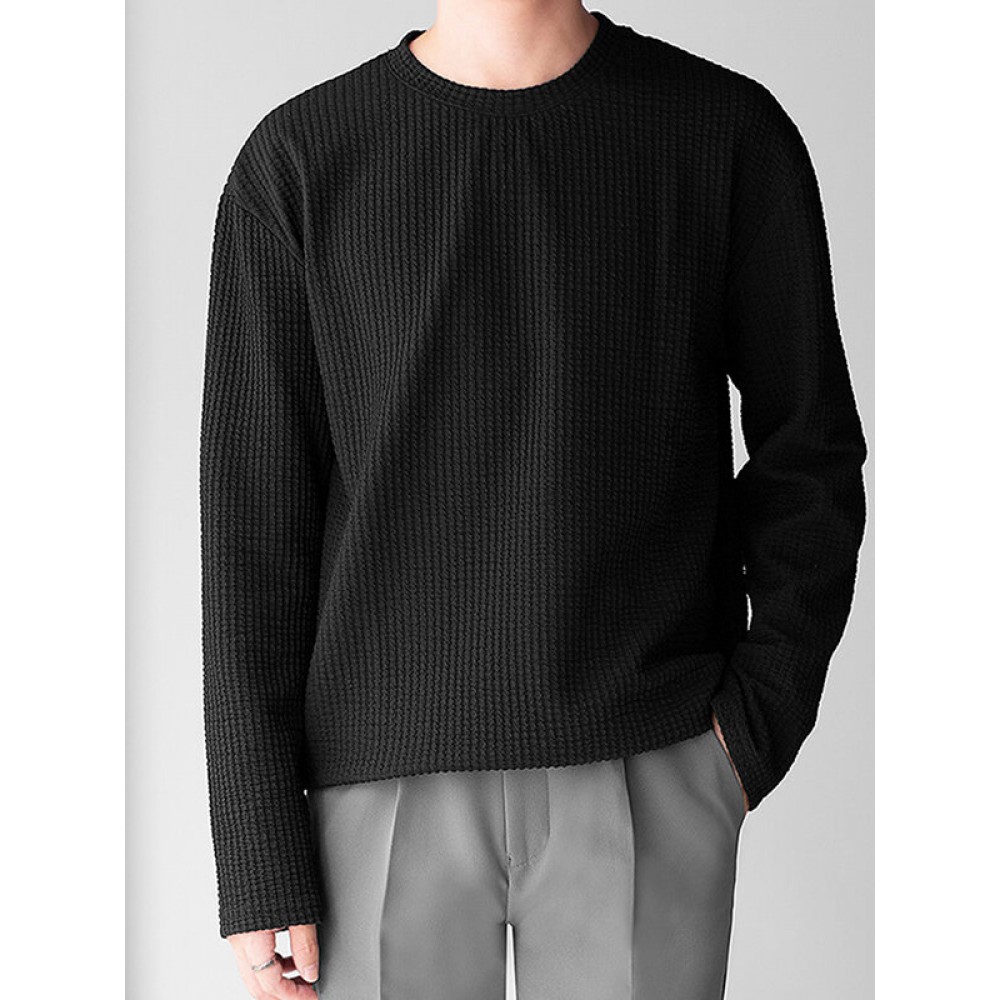 Mens Solid Texture Crew Neck Long Sleeve T-Shirt Mens Solid Texture Crew Neck Long Sleeve T-Shirt