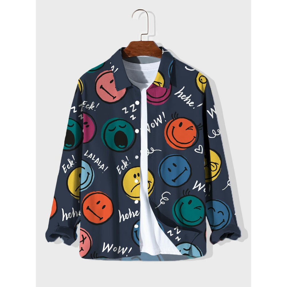 Mens Allover Colorful Smile Print Lapel Long Sleeve Shirts Winter Mens Allover Colorful Smile Print Lapel Long Sleeve Shirts Winter
