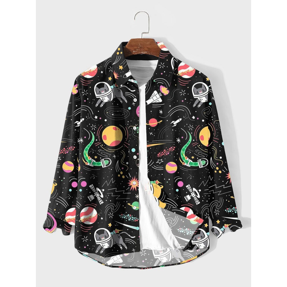 Mens Space Cartoon Animal Print Lapel Long Sleeve Shirts Winter Mens Space Cartoon Animal Print Lapel Long Sleeve Shirts Winter