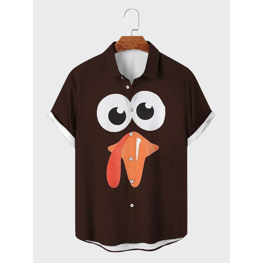 Mens Cartoon Chicken Graphic Lapel Casual Short Sleeve Shirts Winter Mens Cartoon Chicken Graphic Lapel Casual Short Sleeve Shirts Winter