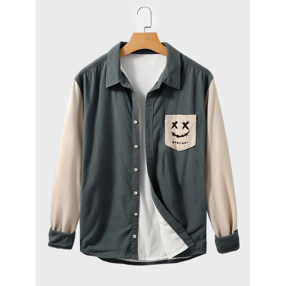 Mens Smile Print Contrast Patchwork Lapel Long Sleeve Shirts Winter Mens Smile Print Contrast Patchwork Lapel Long Sleeve Shirts Winter