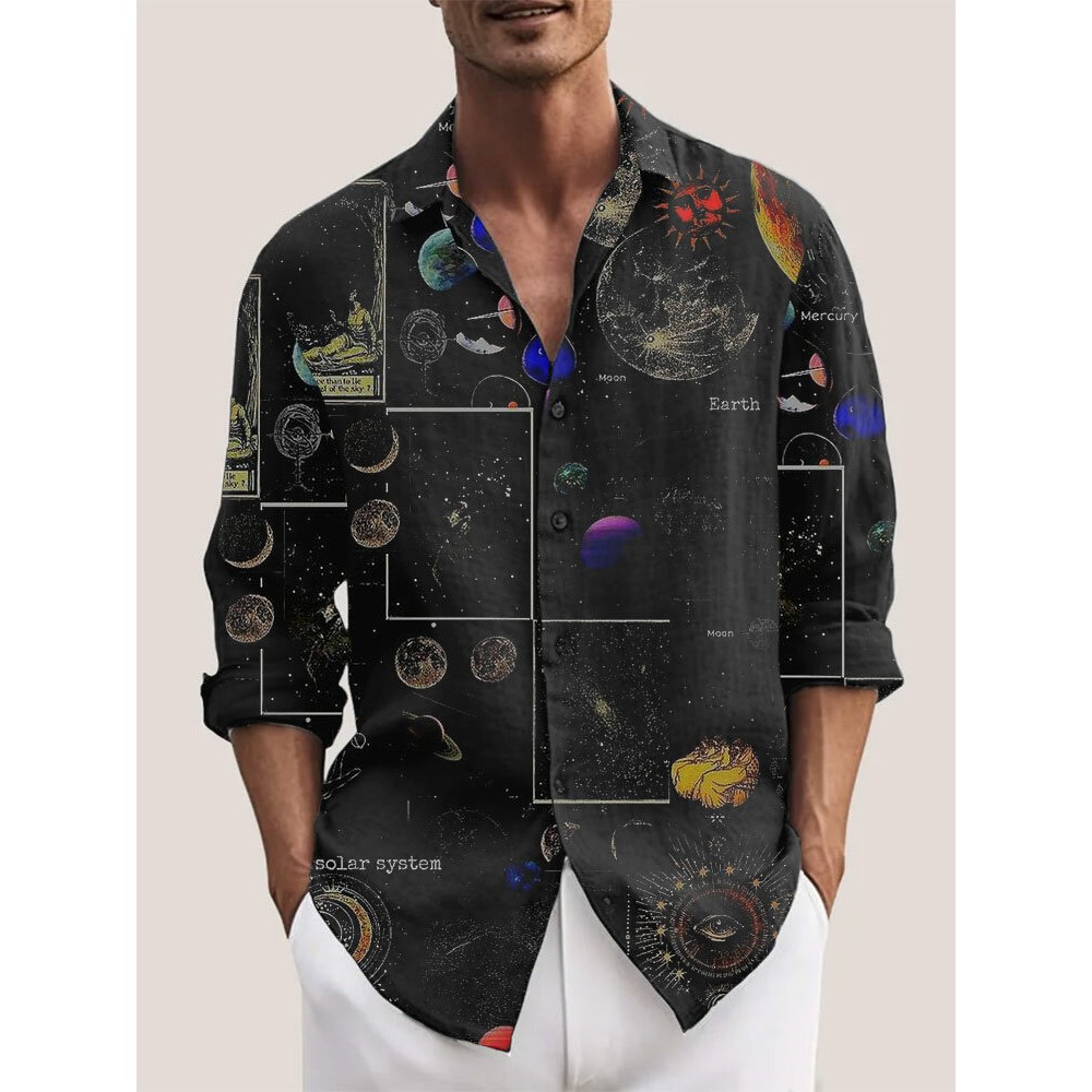 Mens Galaxy Planet Print Lapel Casual Long Sleeve Shirts Winter Mens Galaxy Planet Print Lapel Casual Long Sleeve Shirts Winter