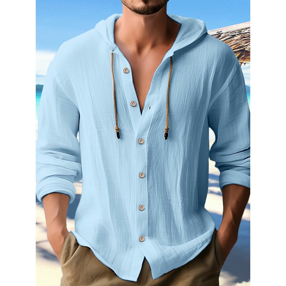 Mens Solid Button Up Long Sleeve Drawstring Hooded Shirts Mens Solid Button Up Long Sleeve Drawstring Hooded Shirts