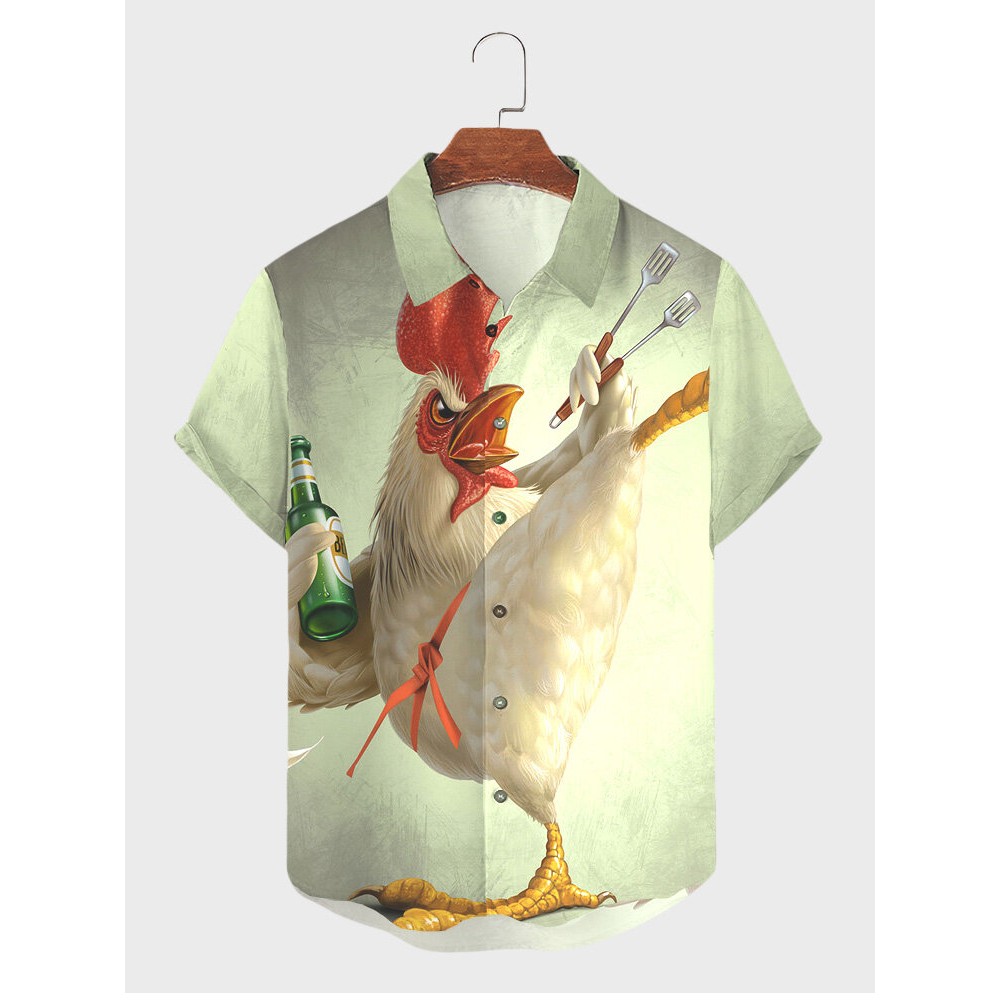 Mens Cartoon Chicken Print Button Up Casual Short Sleeve Shirts Winter Mens Cartoon Chicken Print Button Up Casual Short Sleeve Shirts Winter