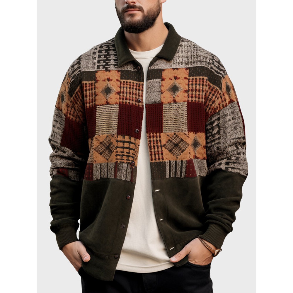 Mens Ethnic Vintage Geometric Pattern Patchwork Long Sleeve Shirts Winter Mens Ethnic Vintage Geometric Pattern Patchwork Long Sleeve Shirts Winter
