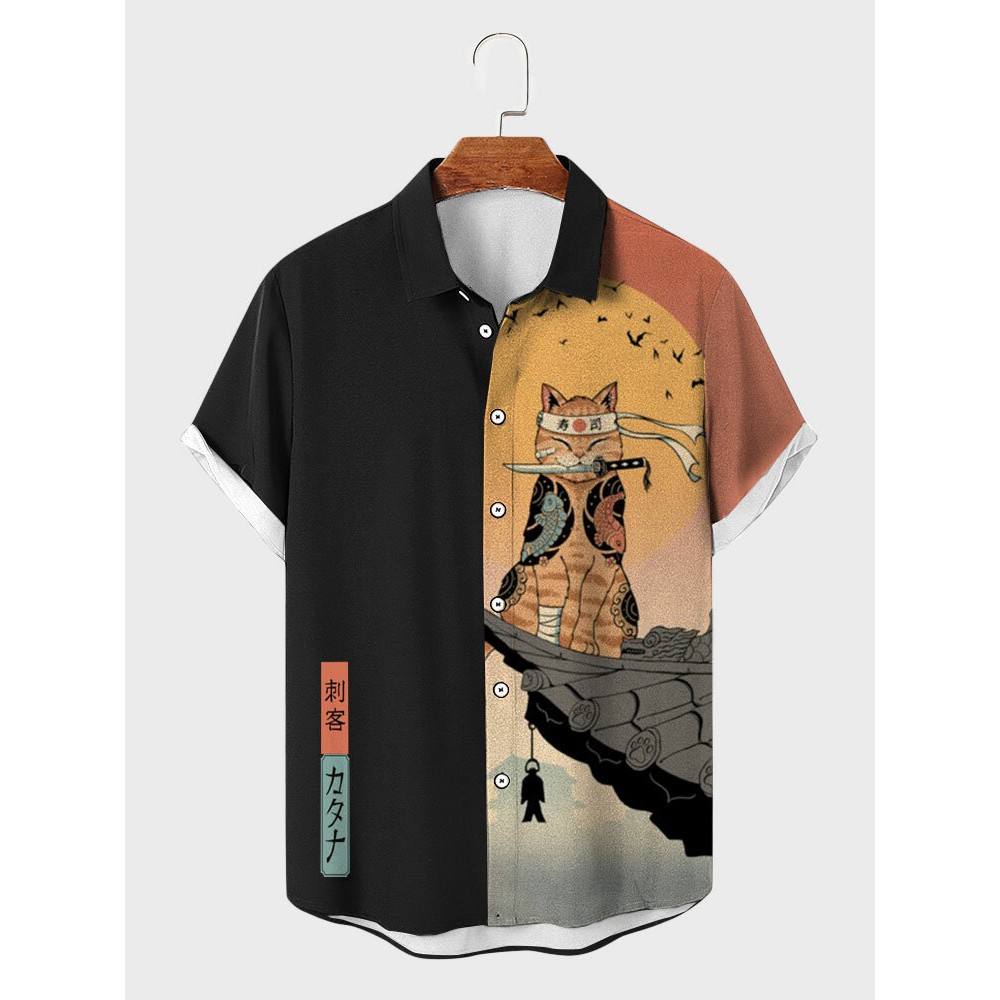 Mens Japanese Warrior Cat Print Patchwork Short Sleeve Shirts Winter Mens Japanese Warrior Cat Print Patchwork Short Sleeve Shirts Winter