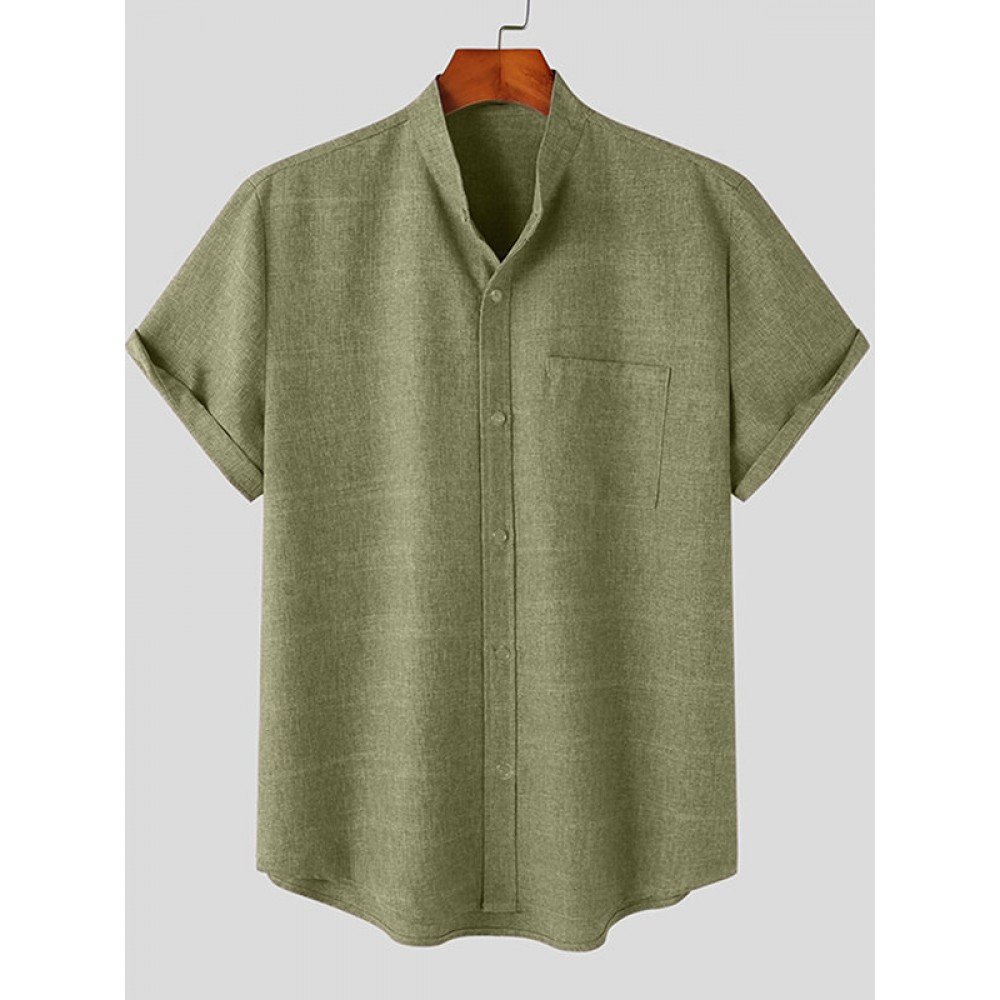 Mens Solid Stand Collar Chest Pocket Short Sleeve Shirt Mens Solid Stand Collar Chest Pocket Short Sleeve Shirt