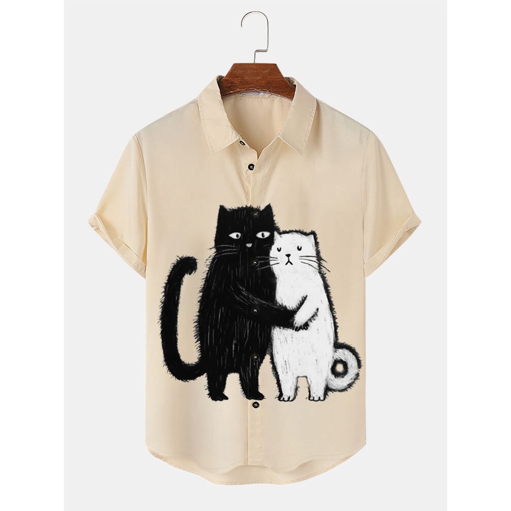 Mens Cute Cat Print Lapel Casual Short Sleeve Shirts Winter Mens Cute Cat Print Lapel Casual Short Sleeve Shirts Winter