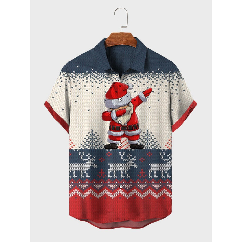 Mens Christmas Santa Claus Elk Print Lapel Short Sleeve Shirts Mens Christmas Santa Claus Elk Print Lapel Short Sleeve Shirts
