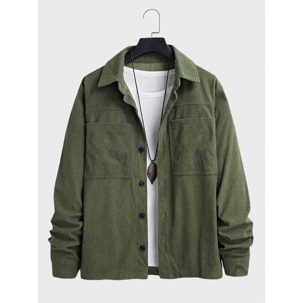 Mens Solid Double Pocket Lapel Corduroy Long Sleeve Shirts Winter Mens Solid Double Pocket Lapel Corduroy Long Sleeve Shirts Winter