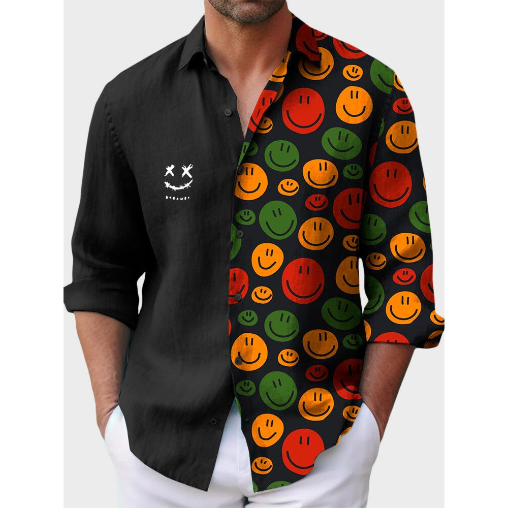Mens Smile Face Print Patchwork Casual Long Sleeve Shirts Winter Mens Smile Face Print Patchwork Casual Long Sleeve Shirts Winter