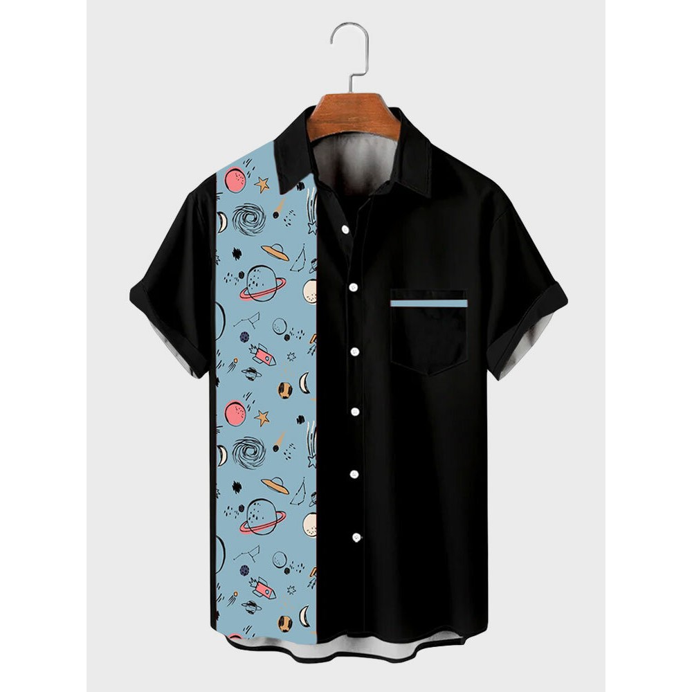 Mens Cartoon Planet Print Patchwork Casual Short Sleeve Shirts Winter Mens Cartoon Planet Print Patchwork Casual Short Sleeve Shirts Winter