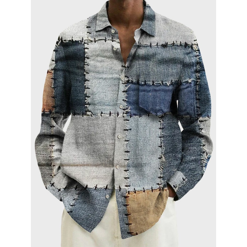 Mens Vintage Color Block Lapel Button Up Long Sleeve Shirts Winter Mens Vintage Color Block Lapel Button Up Long Sleeve Shirts Winter