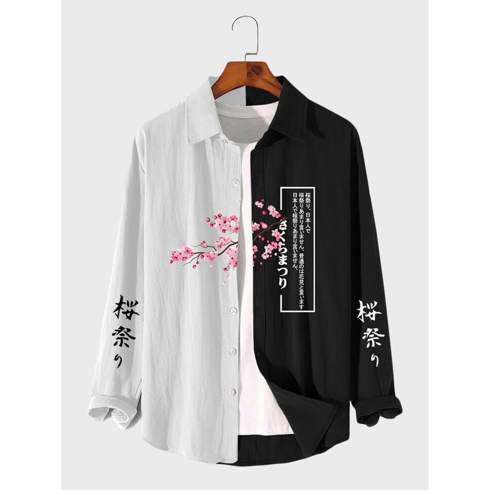 Mens Japanese Cherry Blossoms Print Patchwork Long Sleeve Shirts Winter Mens Japanese Cherry Blossoms Print Patchwork Long Sleeve Shirts Winter