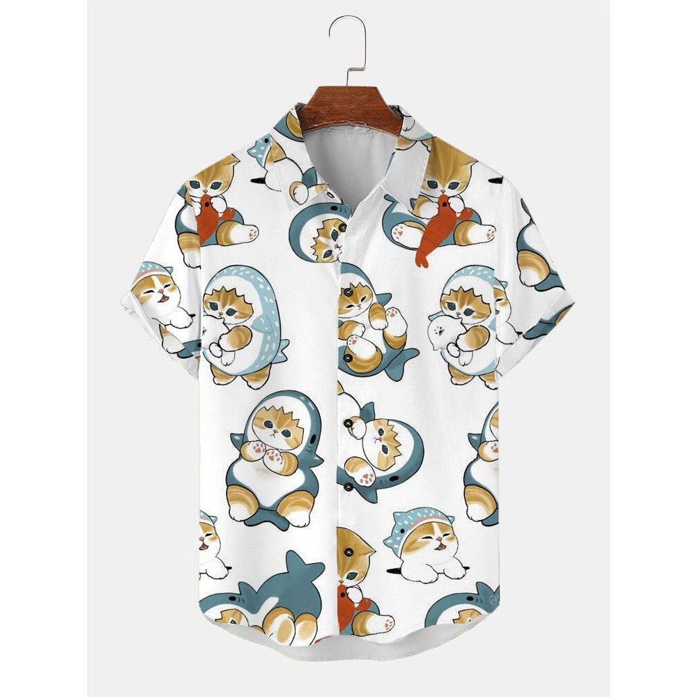 Mens Allover Cartoon Cat Print Button Up Short Sleeve Shirts Winter Mens Allover Cartoon Cat Print Button Up Short Sleeve Shirts Winter