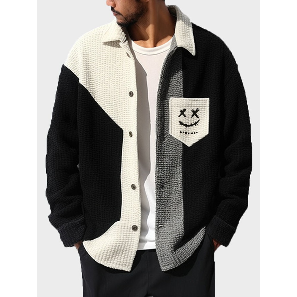 Mens Smile Print Color Block Patchwork Casual Long Sleeve Shirts Winter Mens Smile Print Color Block Patchwork Casual Long Sleeve Shirts Winter