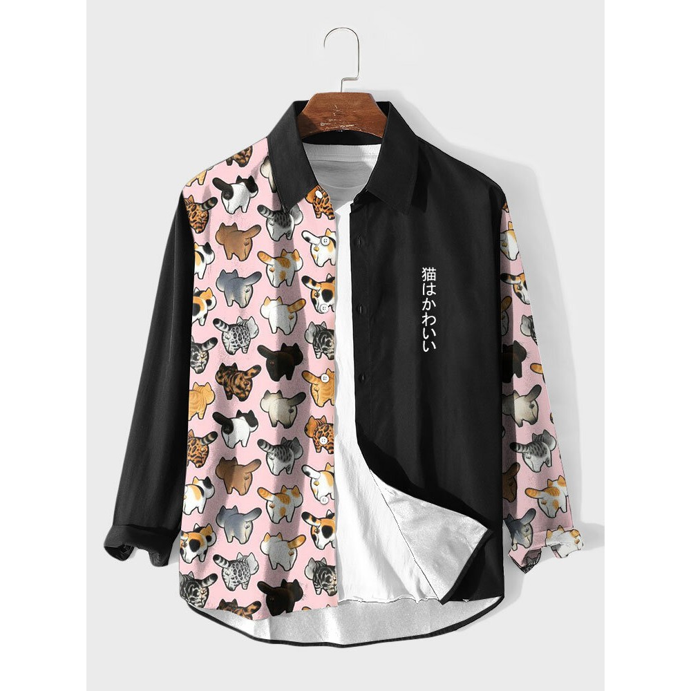 Mens Japanese Cat Print Patchwork Lapel Long Sleeve Shirts Winter Mens Japanese Cat Print Patchwork Lapel Long Sleeve Shirts Winter