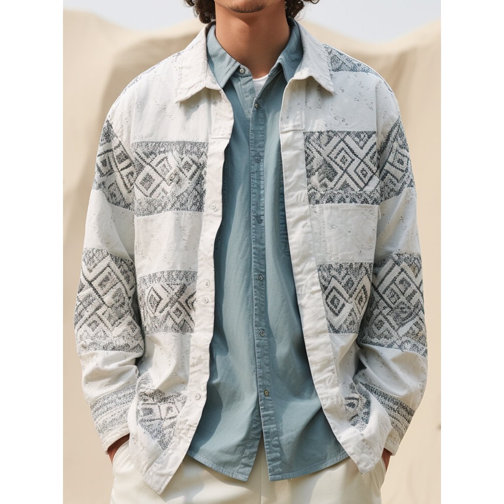 Mens Ethnic Geometric Print Patchwork Lapel Long Sleeve Shirts Winter Mens Ethnic Geometric Print Patchwork Lapel Long Sleeve Shirts Winter