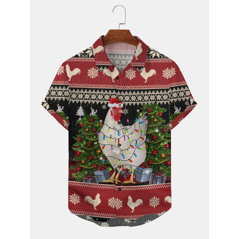 Mens Christmas Element Chicken Print Lapel Short Sleeve Shirts Winter Mens Christmas Element Chicken Print Lapel Short Sleeve Shirts Winter