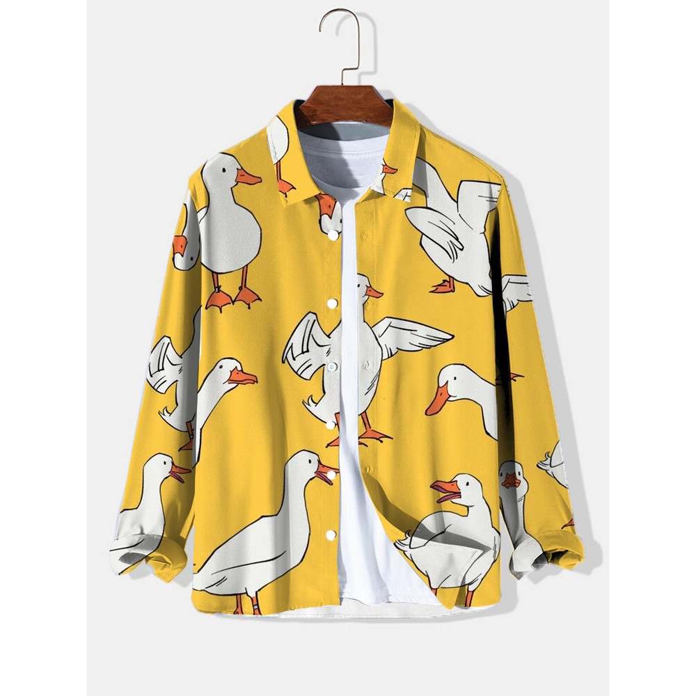 Mens Allover Cartoon Duck Print Lapel Long Sleeve Shirts Winter Mens Allover Cartoon Duck Print Lapel Long Sleeve Shirts Winter