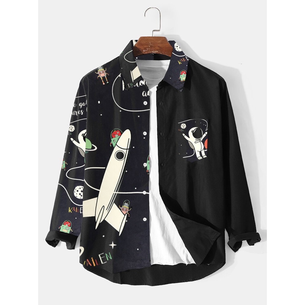 Mens Cartoon Astronaut Spaceship Print Lapel Long Sleeve Shirts Winter Mens Cartoon Astronaut Spaceship Print Lapel Long Sleeve Shirts Winter