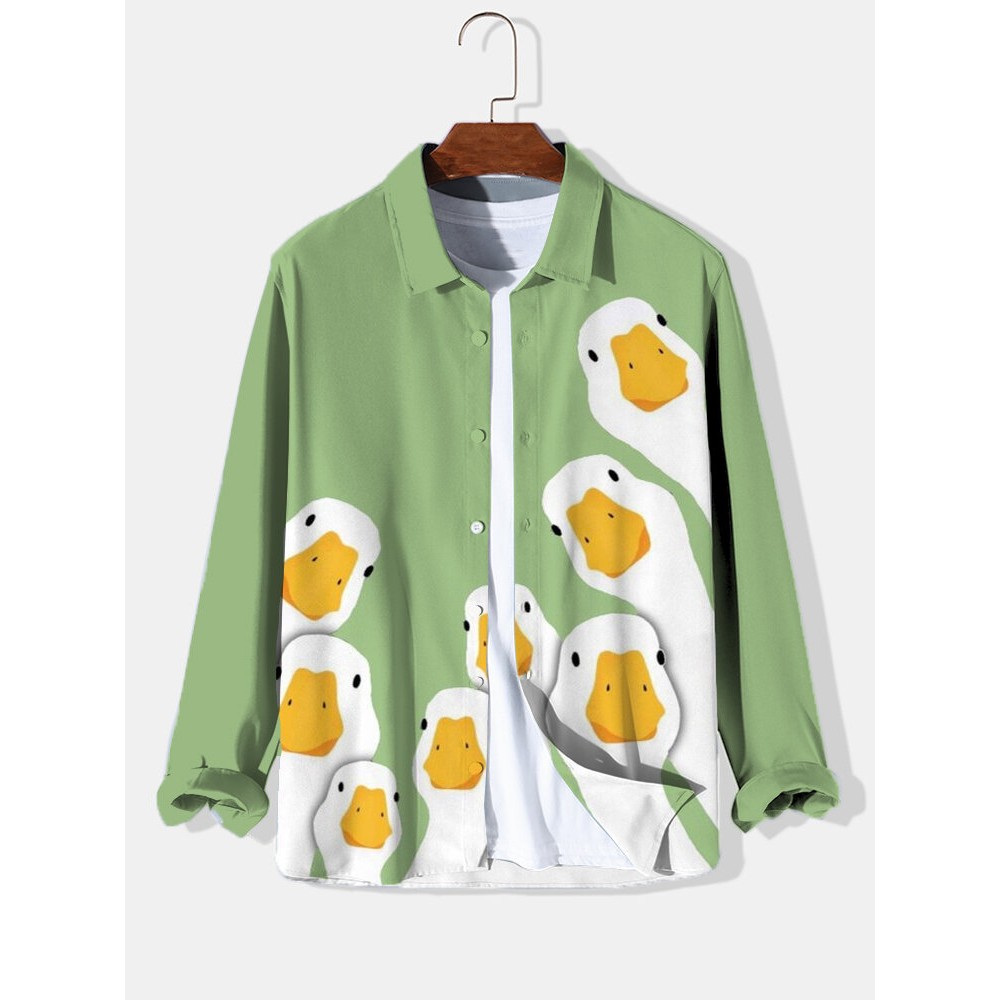 Mens Cartoon Duck Print Lapel Button Up Long Sleeve Shirts Winter Mens Cartoon Duck Print Lapel Button Up Long Sleeve Shirts Winter