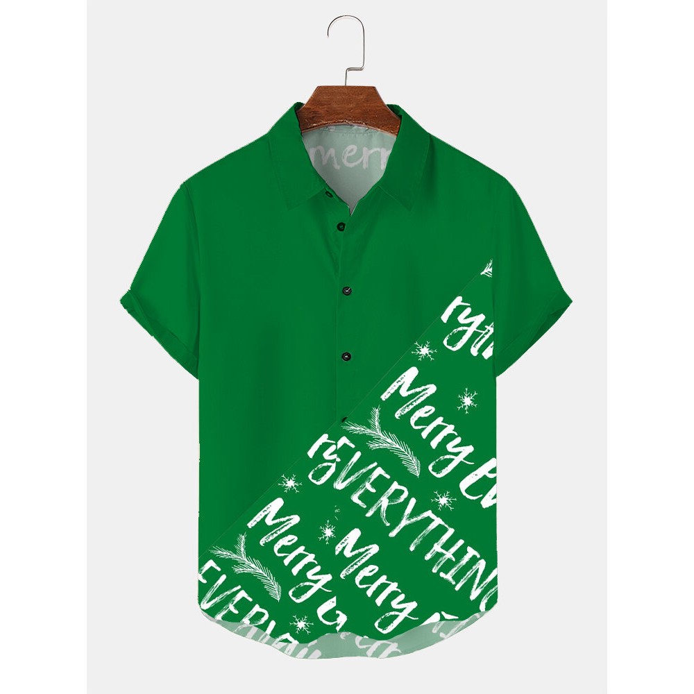 Mens Christmas Letter Print Button Up Casual Short Sleeve Shirts Winter Mens Christmas Letter Print Button Up Casual Short Sleeve Shirts Winter