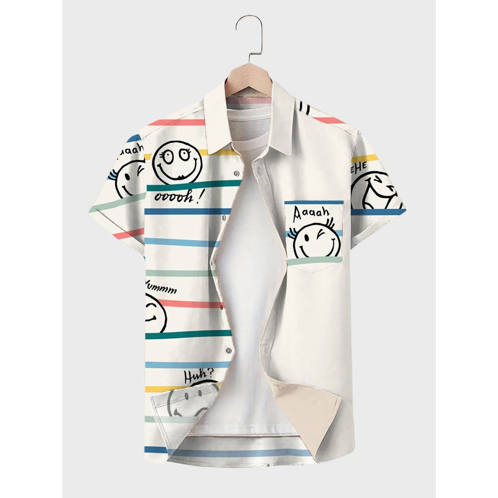 Mens Colorful Stripe Smile Print Lapel Short Sleeve Shirts Winter Mens Colorful Stripe Smile Print Lapel Short Sleeve Shirts Winter