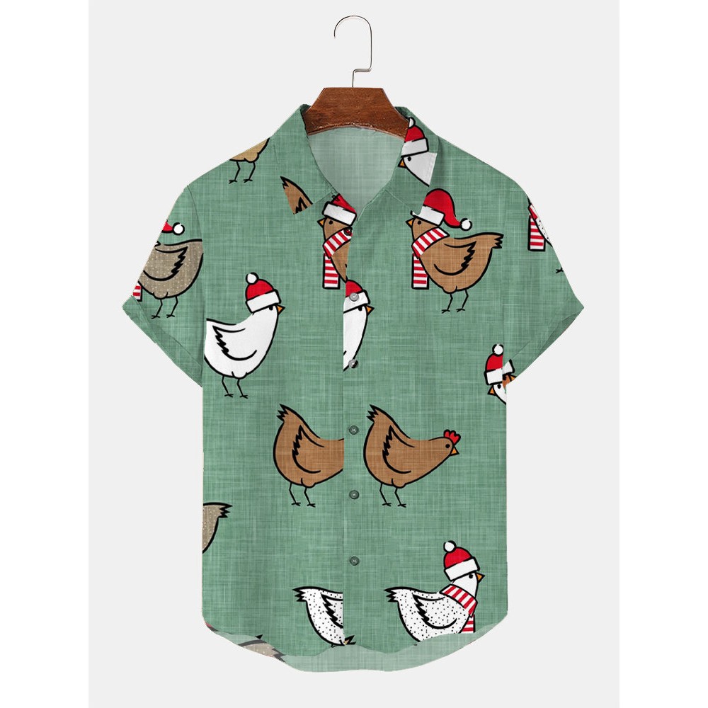 Mens Allover Christmas Chicken Print Lapel Short Sleeve Shirts Winter Mens Allover Christmas Chicken Print Lapel Short Sleeve Shirts Winter