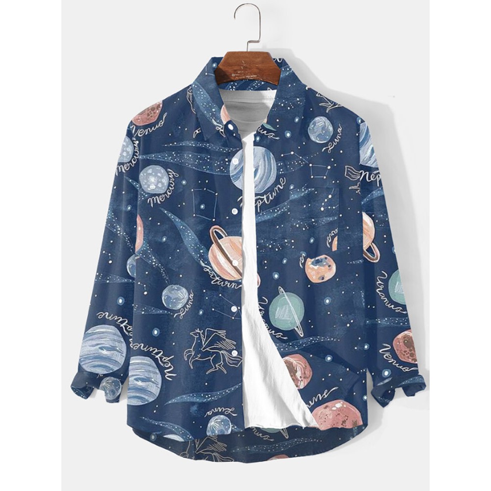 Mens Allover Galaxy Planet Print Lapel Long Sleeve Shirts Winter Mens Allover Galaxy Planet Print Lapel Long Sleeve Shirts Winter