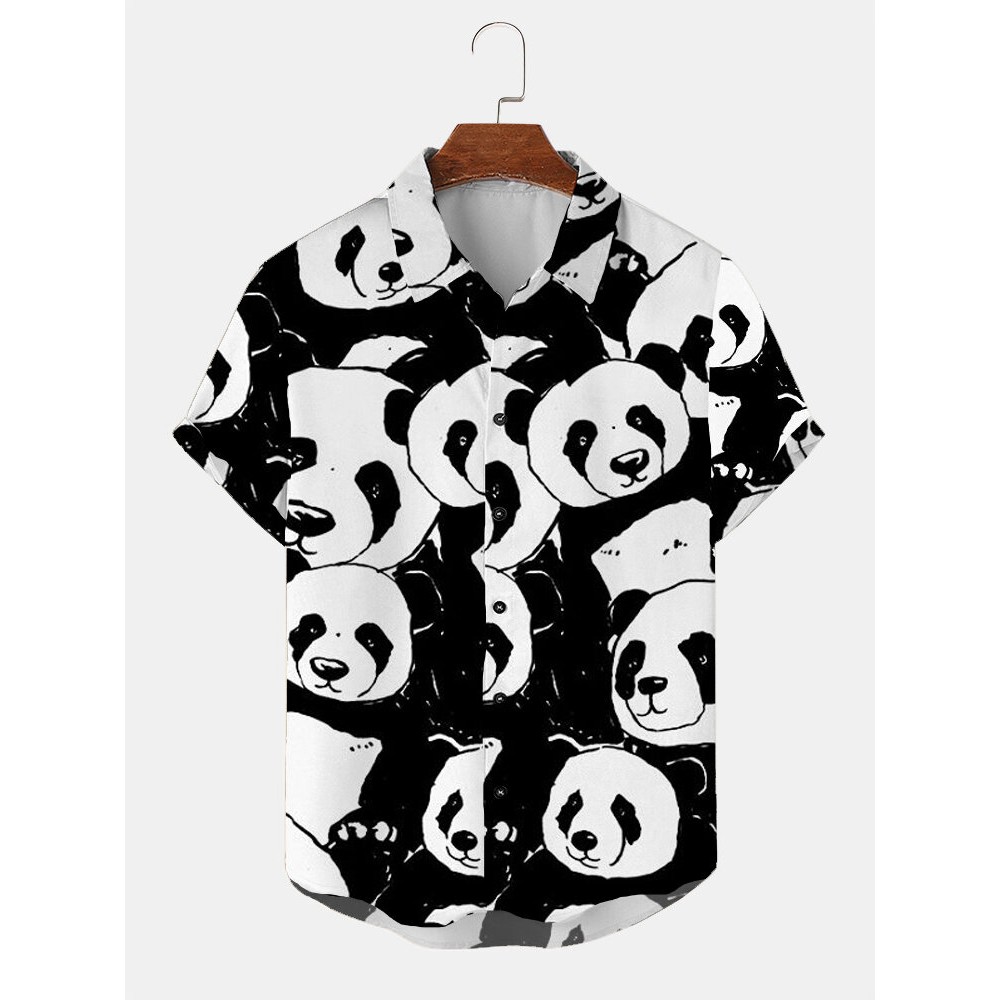 Mens Allover Panda Print Lapel Casual Short Sleeve Shirts Winter Mens Allover Panda Print Lapel Casual Short Sleeve Shirts Winter