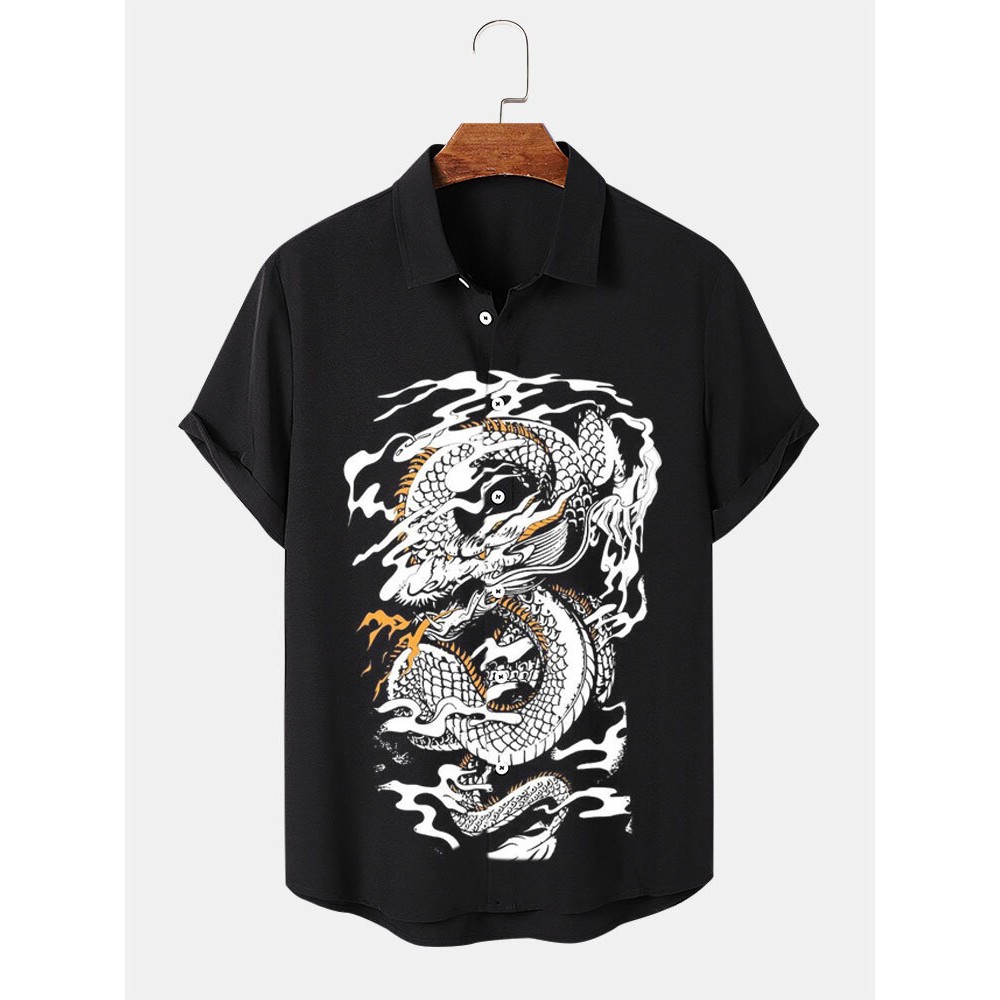 Mens Dragon Print Lapel Button Up Short Sleeve Shirts Winter Mens Dragon Print Lapel Button Up Short Sleeve Shirts Winter