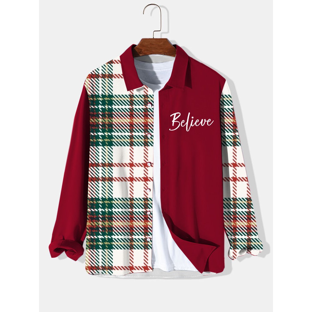 Mens Christmas Plaid Letter Print Patchwork Casual Long Sleeve Shirts Winter Mens Christmas Plaid Letter Print Patchwork Casual Long Sleeve Shirts Winter