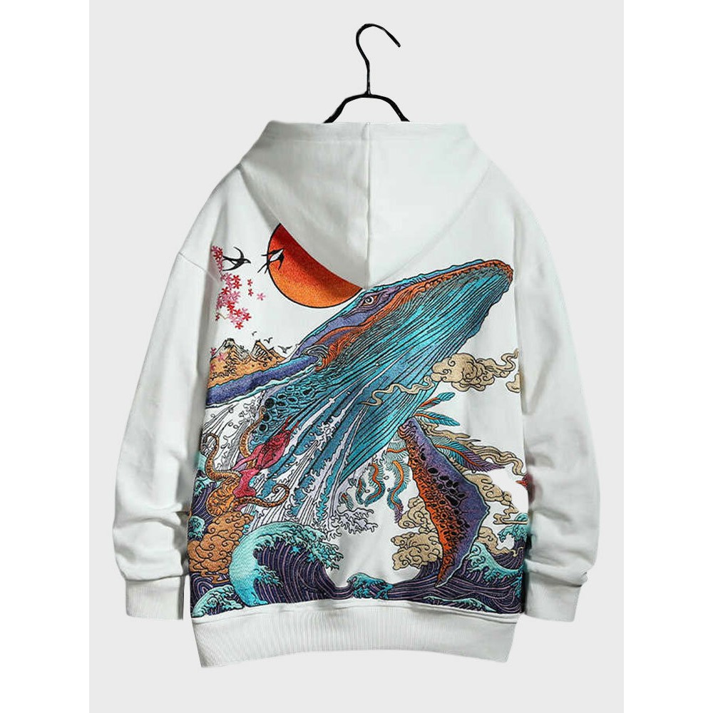 Mens Japanese Wave Back Print Kangaroo Pocket Drawstring Hoodies Winter Mens Japanese Wave Back Print Kangaroo Pocket Drawstring Hoodies Winter