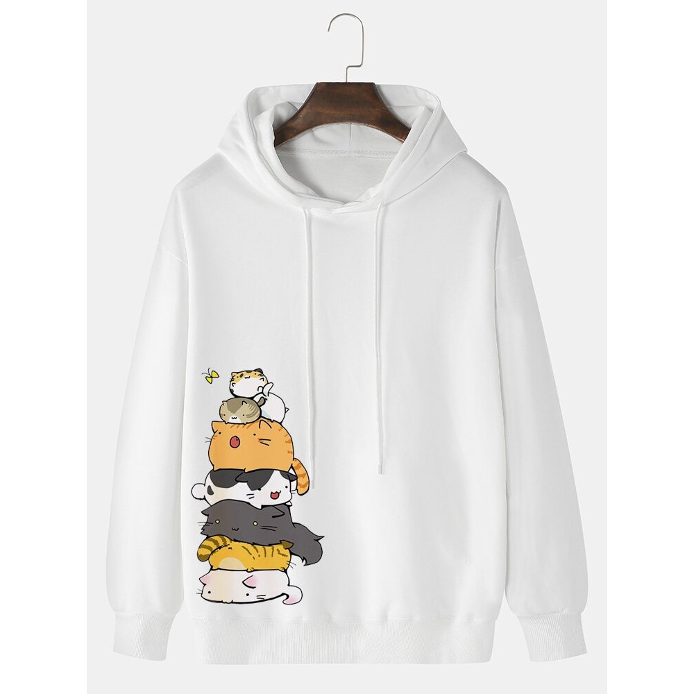 Mens Cartoon Cat Side Print Casual Drawstring Hoodies Winter Mens Cartoon Cat Side Print Casual Drawstring Hoodies Winter