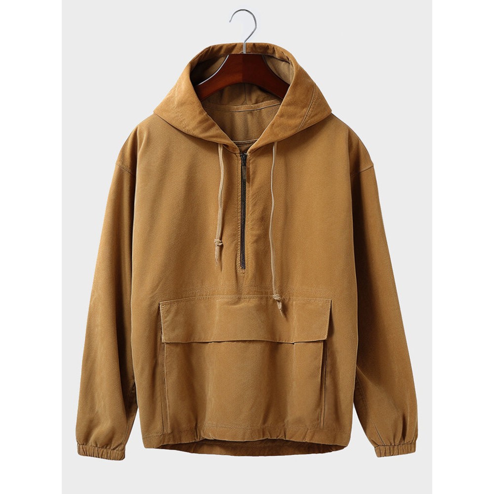 Mens Solid Half Zip Flap Pocket Casual Drawstring Hoodies Winter Mens Solid Half Zip Flap Pocket Casual Drawstring Hoodies Winter