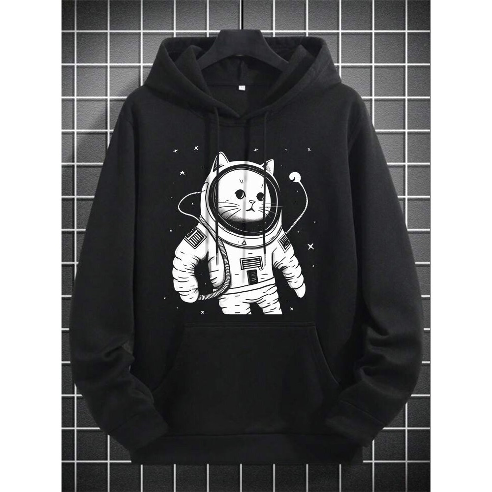 Mens Cartoon Astronaut Cat Print Kangaroo Pocket Drawstring Hoodies Winter Mens Cartoon Astronaut Cat Print Kangaroo Pocket Drawstring Hoodies Winter