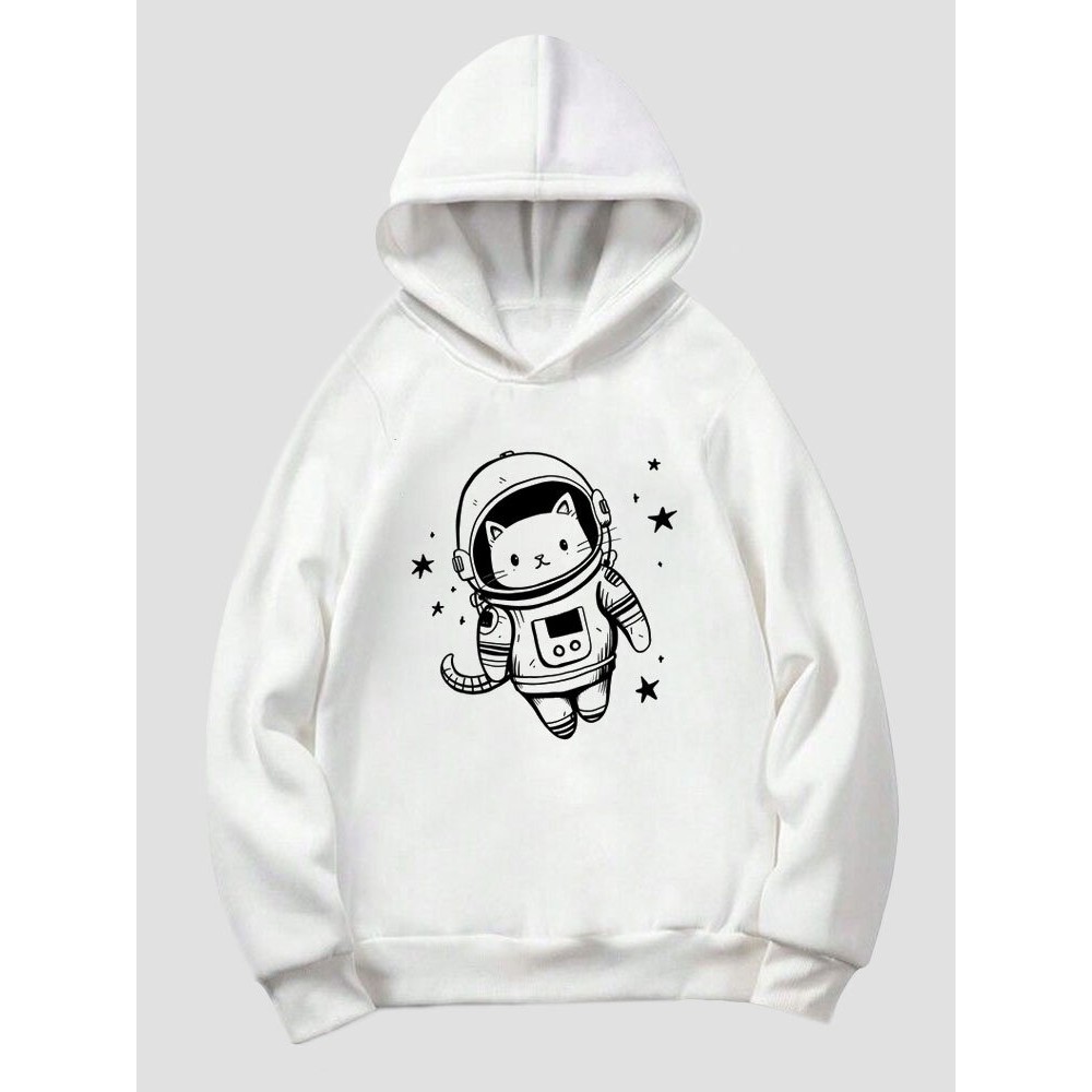 Mens Cartoon Astronaut Cat Print Casual Long Sleeve Hoodies Winter Mens Cartoon Astronaut Cat Print Casual Long Sleeve Hoodies Winter